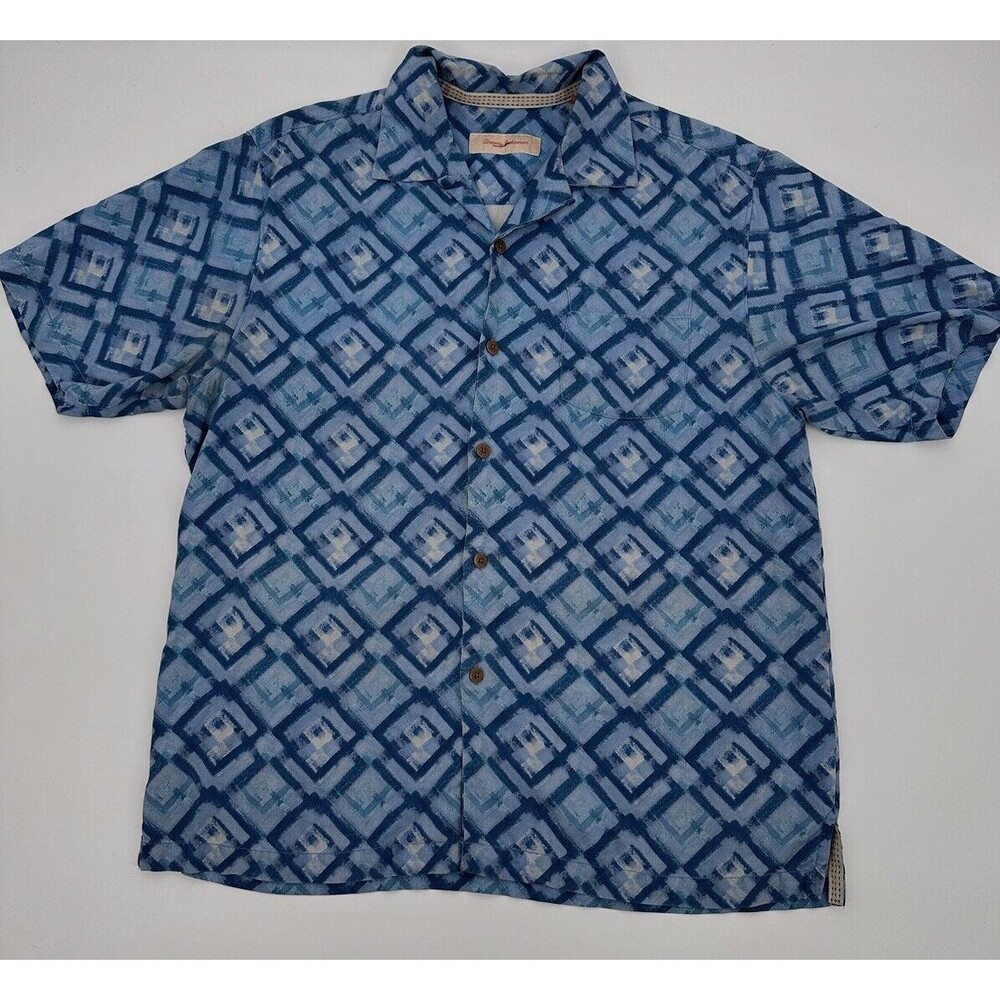Tommy Bahama Shirt Mens L/G Blue Button Up Hawaiian Floral Aloha Camp Silk